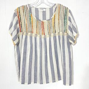 THML Blue White Striped L Cotton Blend Pullover ANTHRO Boho Cottagecore